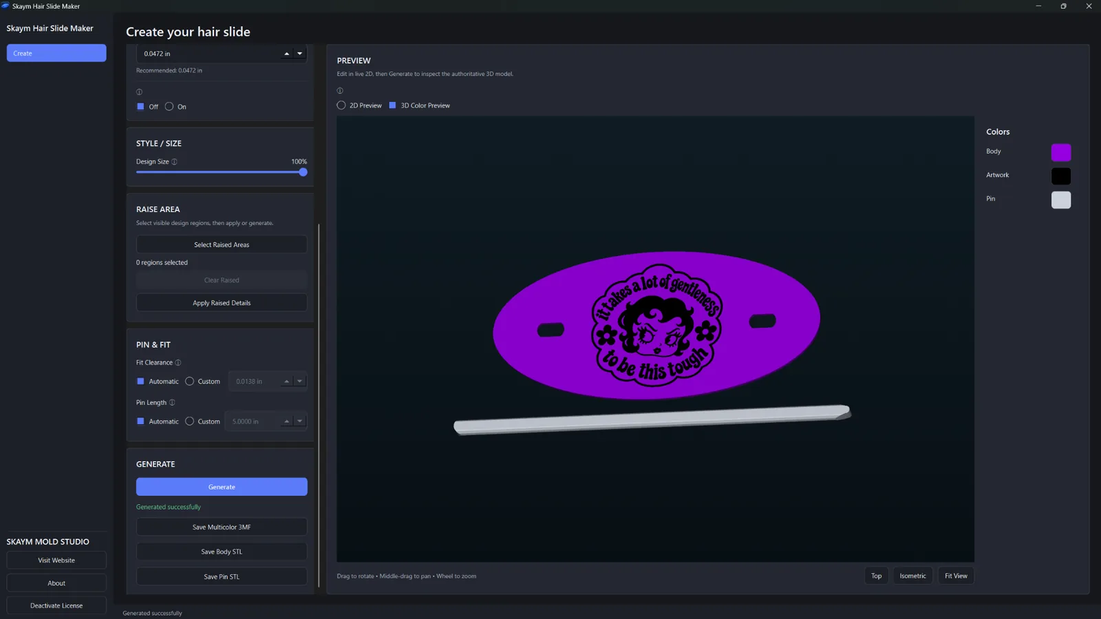 Hair Slide Maker showing detailed SVG artwork on an oval hair slide with inch units