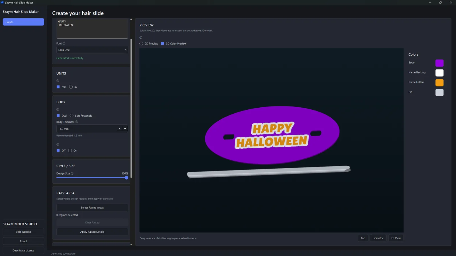 Hair Slide Maker text workflow with a Happy Halloween design in 3D color preview