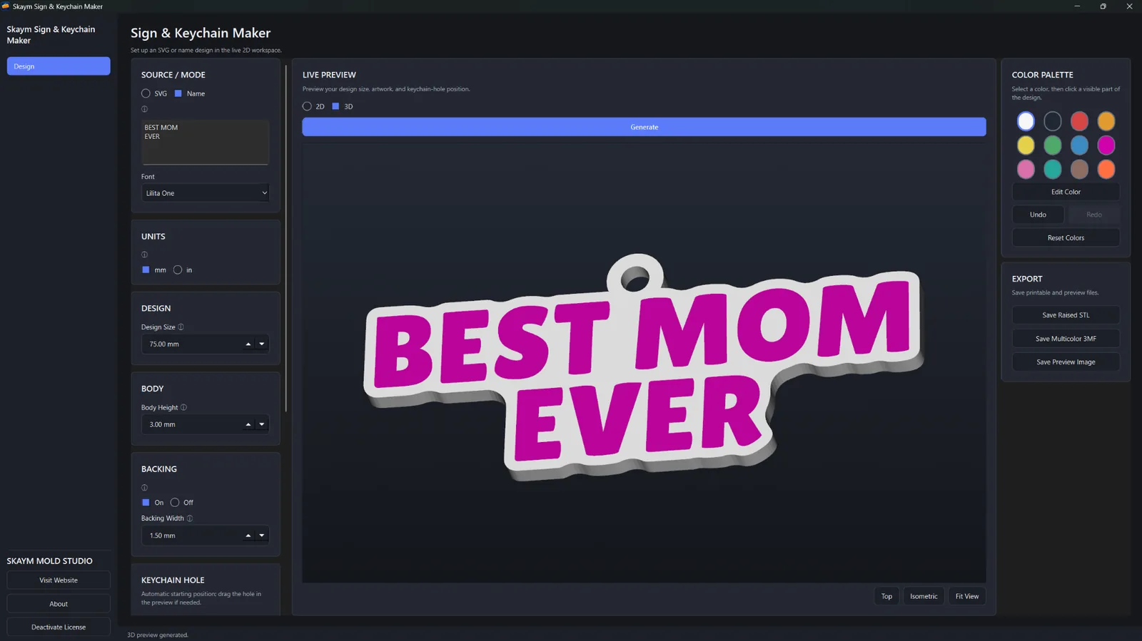 Sign & Keychain Maker Name mode showing a Best Mom Ever keychain in the 3D preview