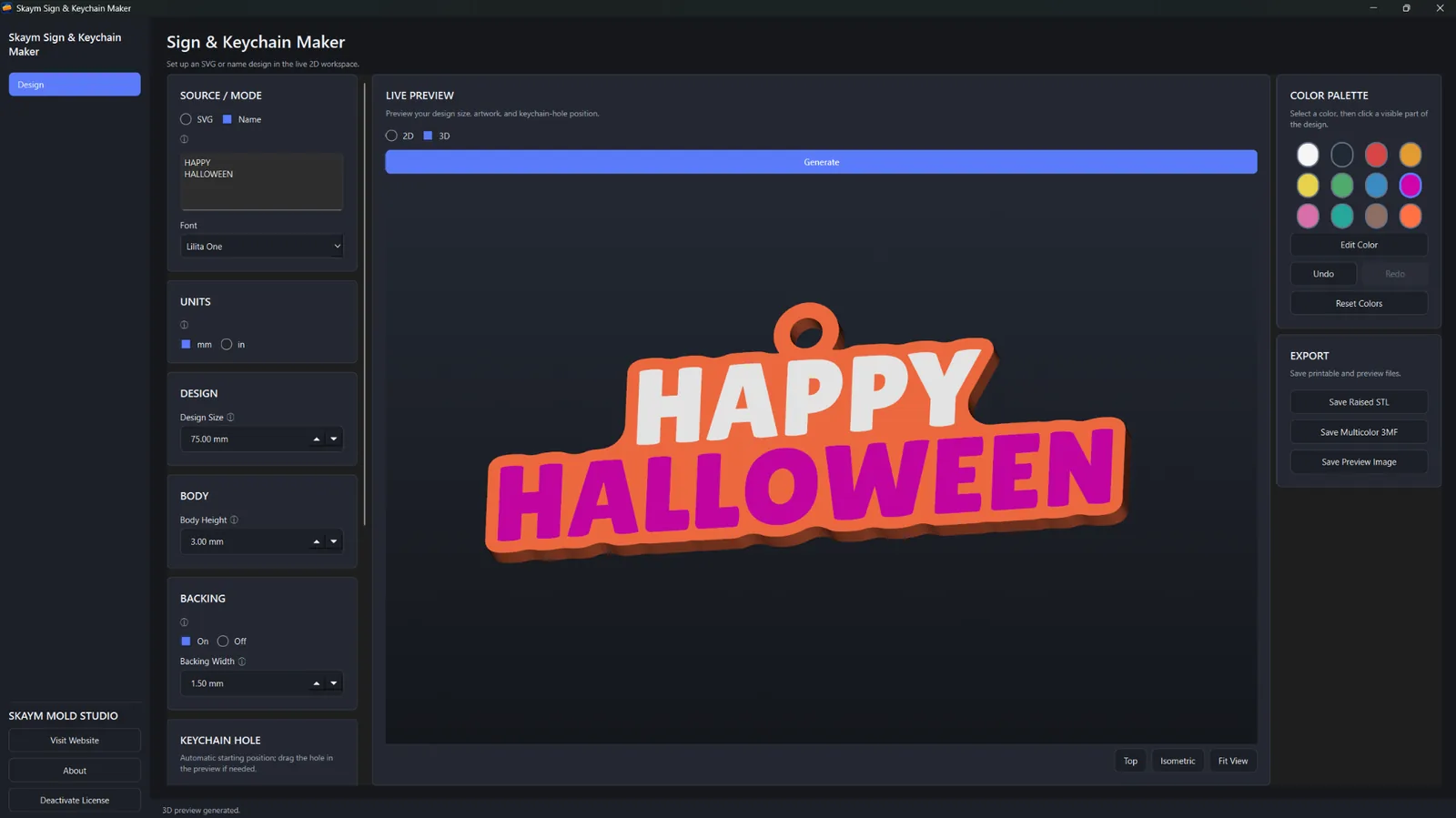Sign & Keychain Maker Name mode showing a Happy Halloween keychain in the 3D preview