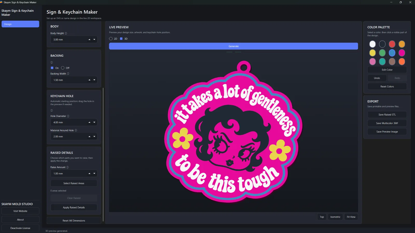 Sign & Keychain Maker showing a detailed multicolor SVG design in the 3D preview