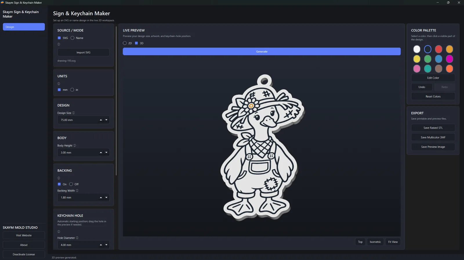 Sign & Keychain Maker SVG mode showing a scarecrow design in the 3D preview