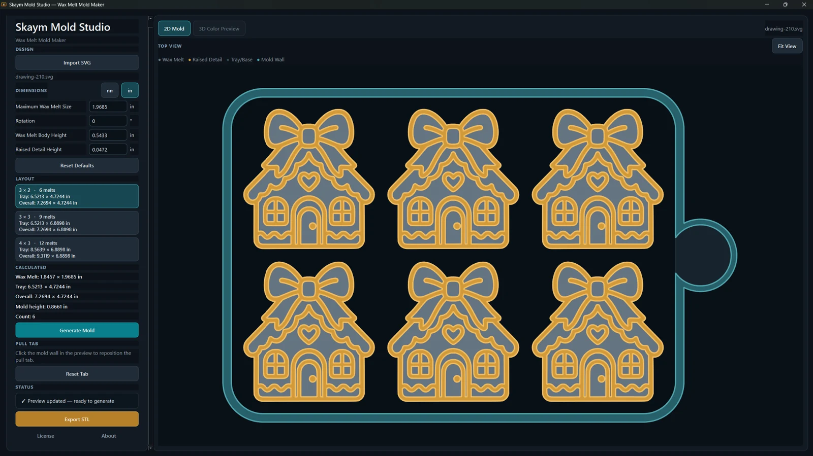 Wax Melt Mold Maker 2D Mold view showing a six-cavity gingerbread-house tray and mold-region legend