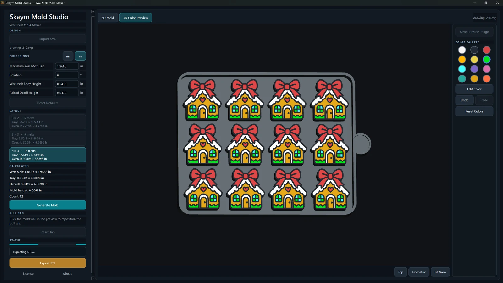 Wax Melt Mold Maker 3D Color Preview showing a twelve-cavity gingerbread-house tray in inch display mode
