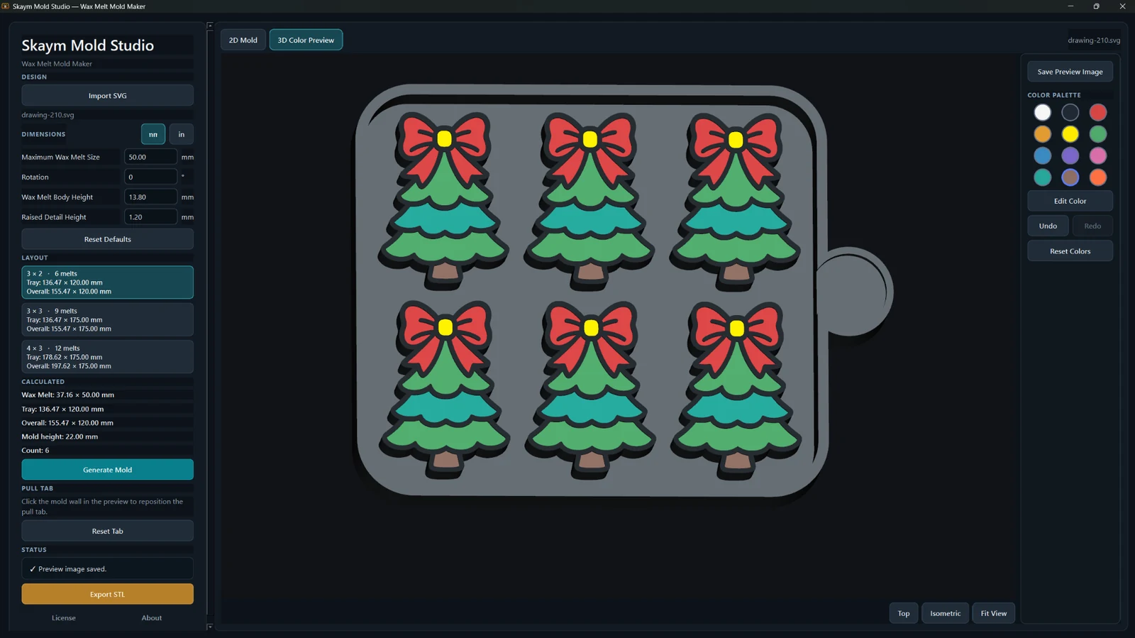 Wax Melt Mold Maker showing a six-cavity Christmas tree mold in the 3D Color Preview