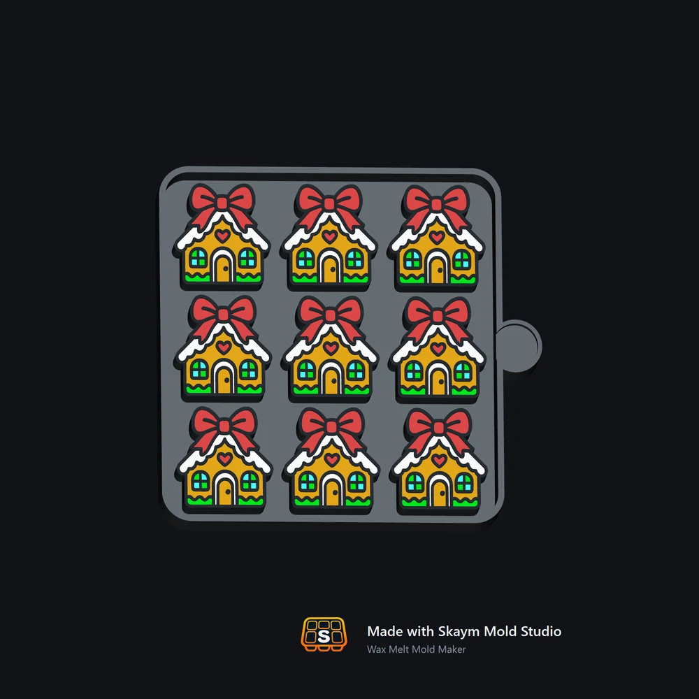 Nine-cavity gingerbread-house wax melt mold preview created with Wax Melt Mold Maker